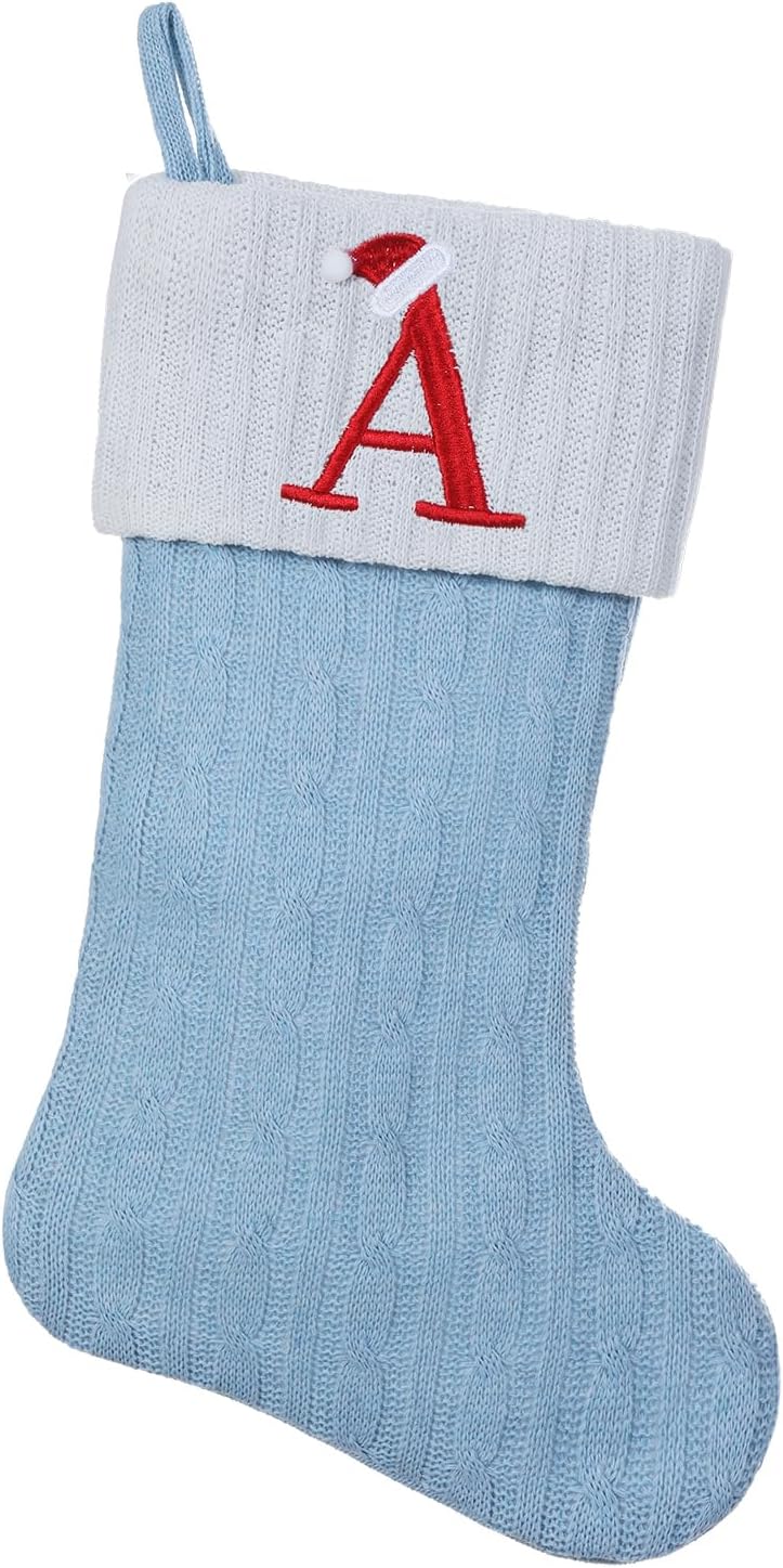 Blue Knit Christmas Stockings Personalized, 19.5 Inches Embroidered Letter Christmas Stocking for Holiday Decorations and Xmas Gift(Initial A) Blue Blue-A
