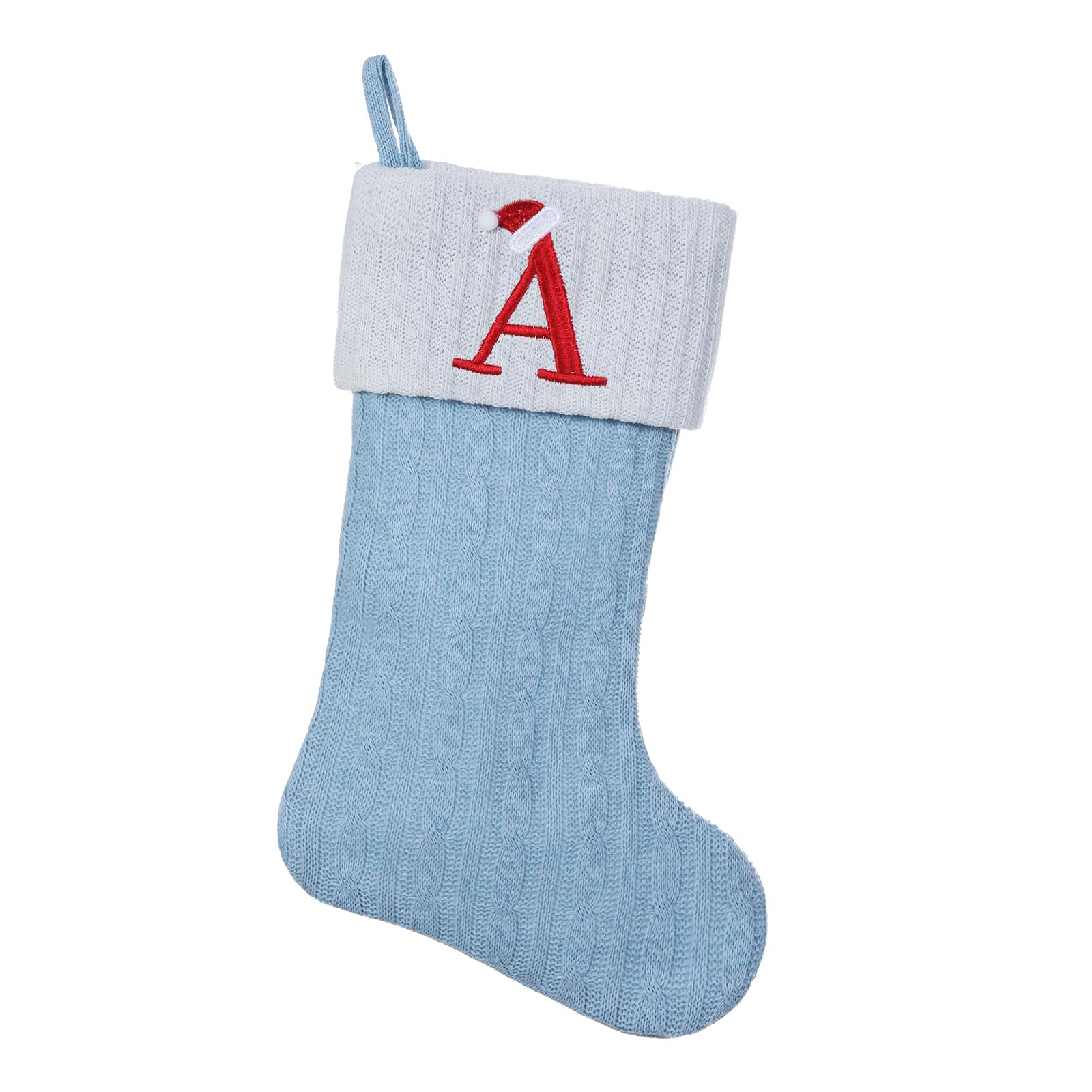 blue knit christmas stockings personalized, 19.5 inches embroidered letter christmas stocking for holiday decorations and xmas gift(initial a)