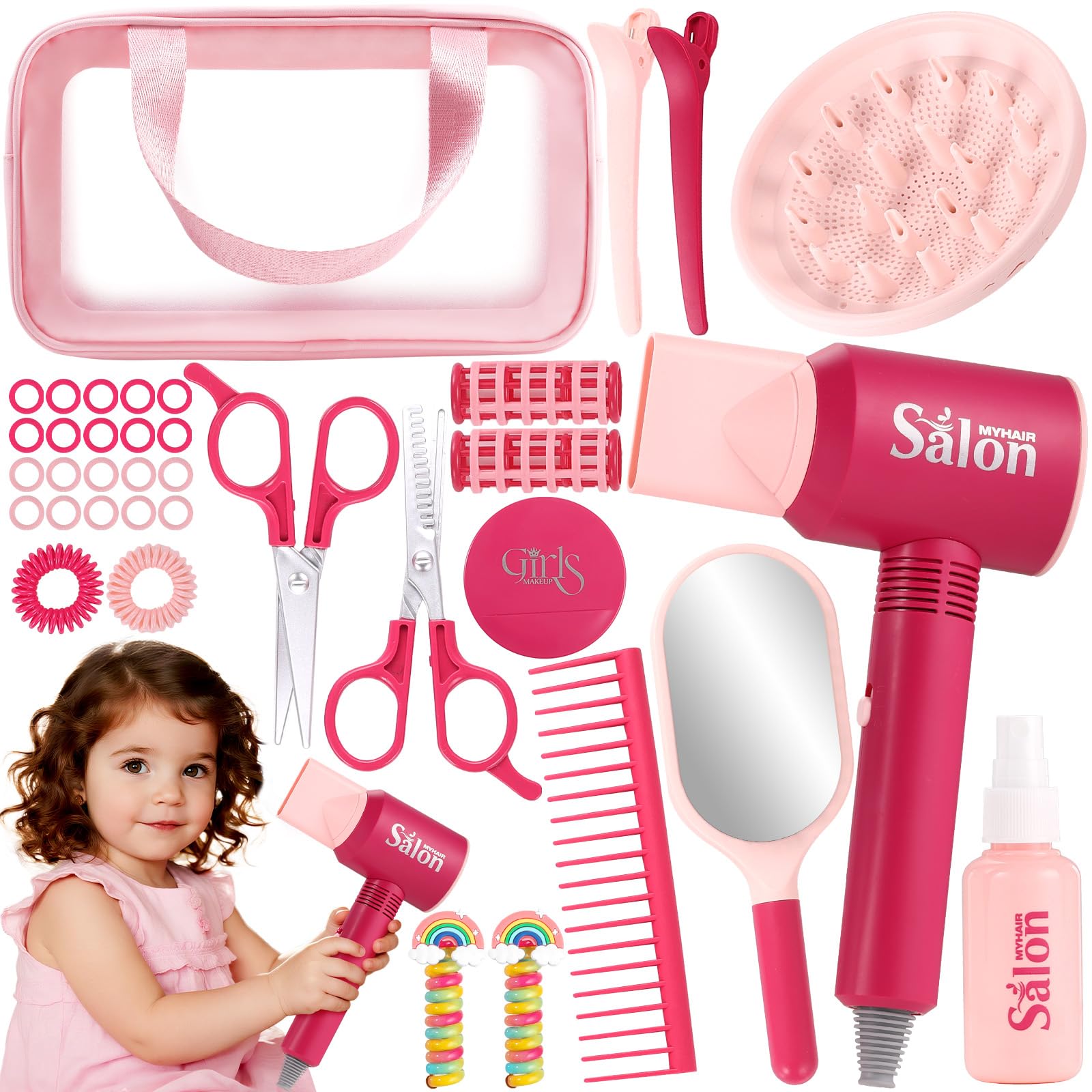 GAGAKU Kids Pretend Play Hair Salon Set, Pink, 36 Piece Beauty Styling Accessories Kit with Toy Dryer, Scissors, Combs for Girls