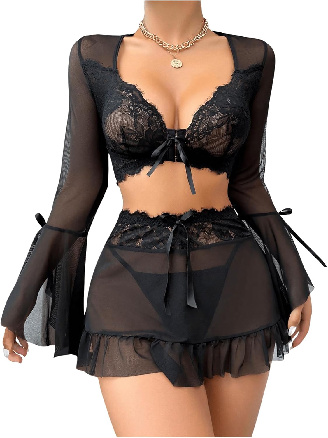 Milumia Women's 3 Piece Lingerie Set Sheer Long Sleeve Lace Bra Top V String Thong with Skirt
