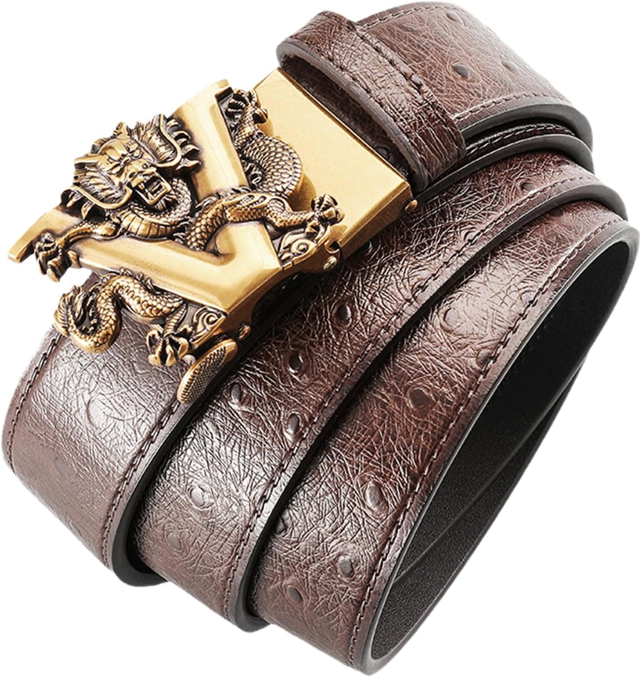 Handmade Ostrich Printed Ratchet Belt for Men,Leather Western Style Belt with Automatic Buckle Engraved Dragon 1 3/8"(115cm/45, Brown)
