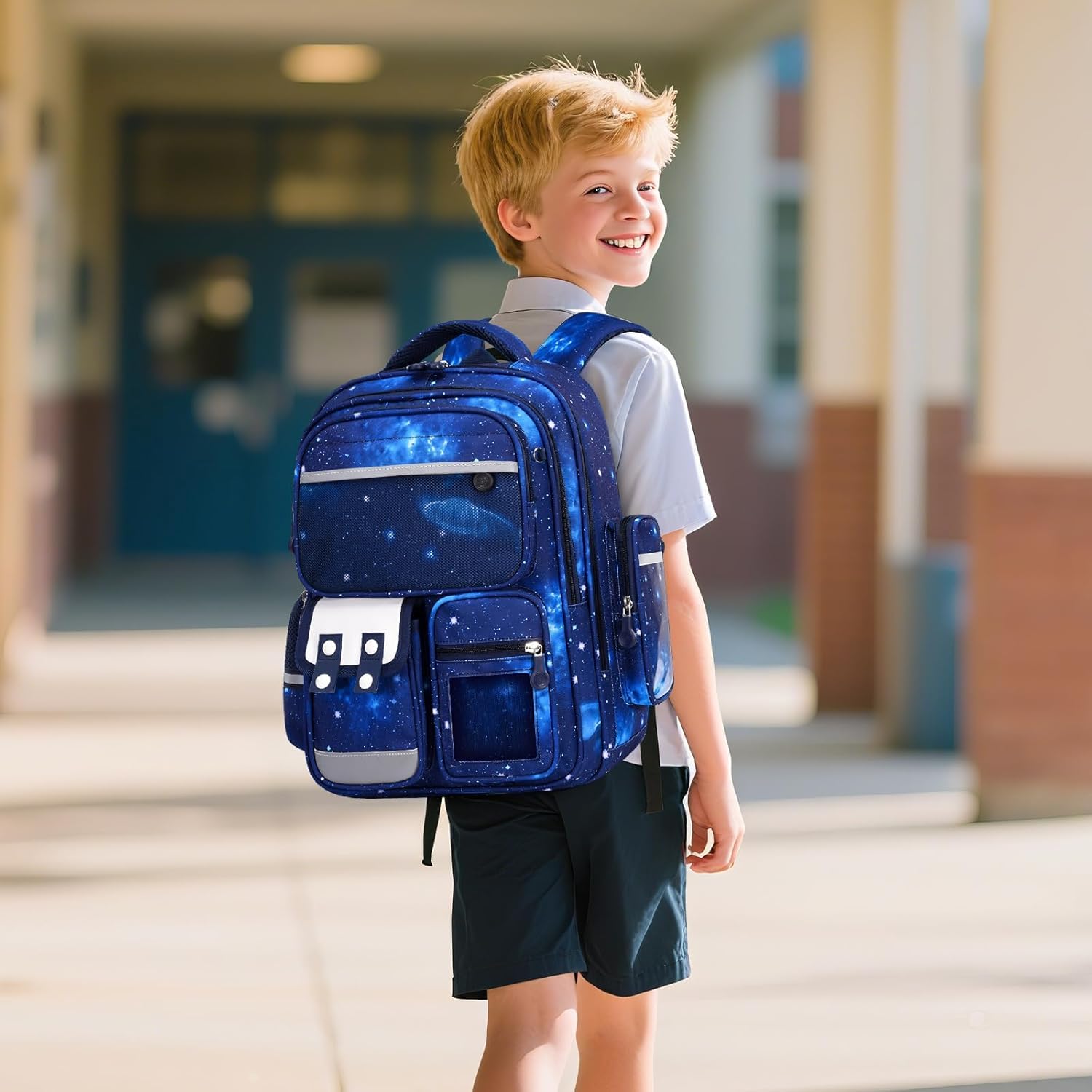 Amythe Zaino Scuola Ergonomico Elementare Bambino, Zaini Bambino di 6-12 anni con Riflettente, Zainetto Ragazzo per la Scuola Impermeabile 25L, Blu Starlight
