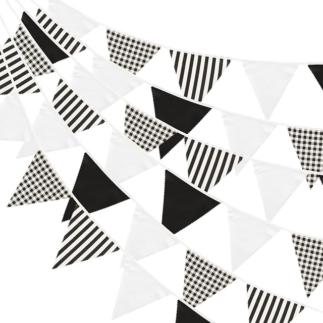 G2PLUS 12M Large Fabric Bunting Banner, 19x21CM Reusable Cotton Triangle Flag Garland with 42PCS Decoration Floral Pennants for Garden Tea Wedding Baby Shower Birthday Parties-Black and White