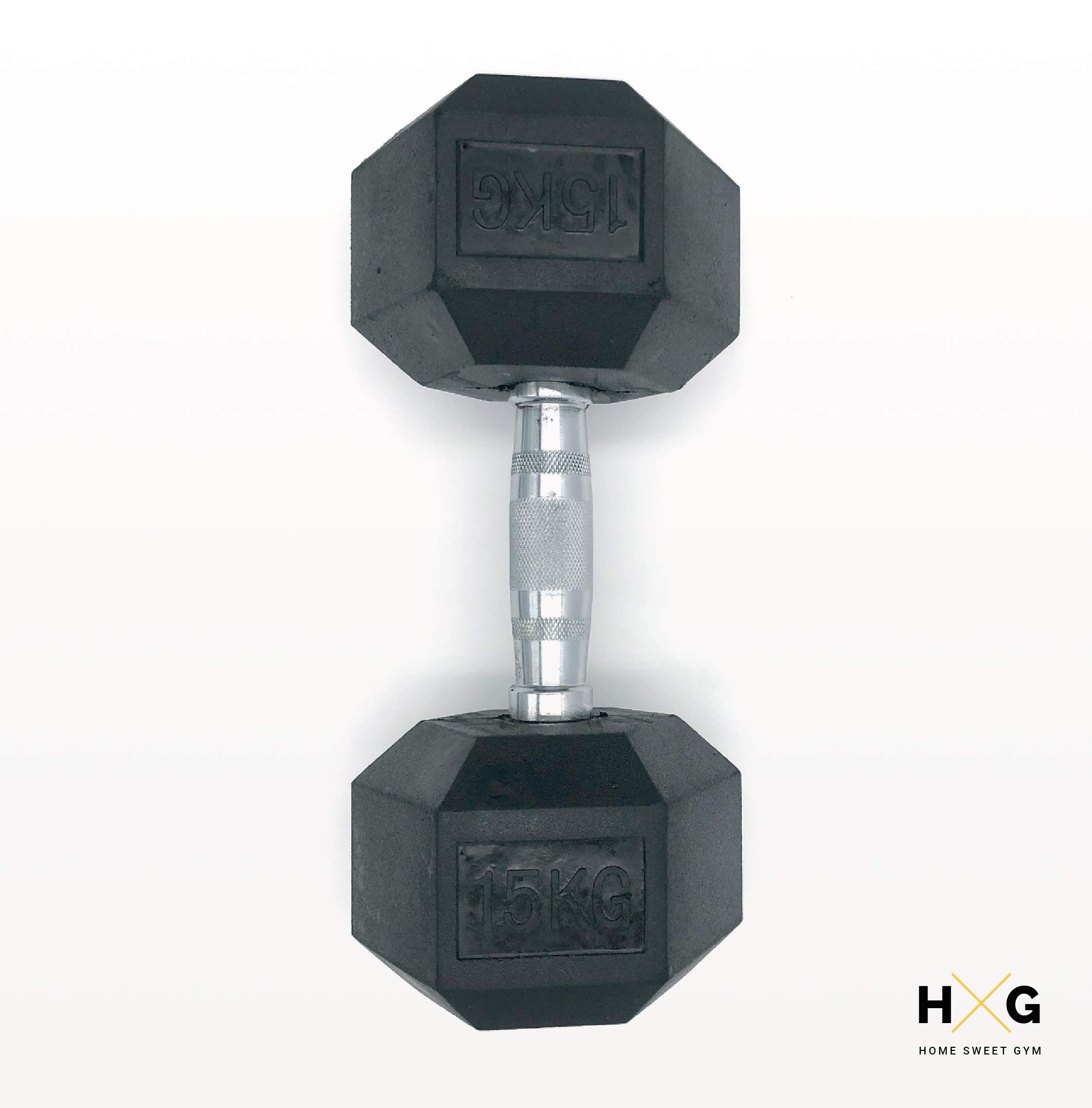 HxG.Mancuerna hexagonal de 15kg ergonómica con empuñadura de cromo y revestimiento de caucho que evita daños en el suelo. Tu casa es tu gimnasio. 1 Unidad.