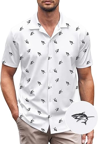 Miniatura 60 de COOFANDY Camisa casual con botones para hombre, manga corta, sin arrugas, camisa de verano