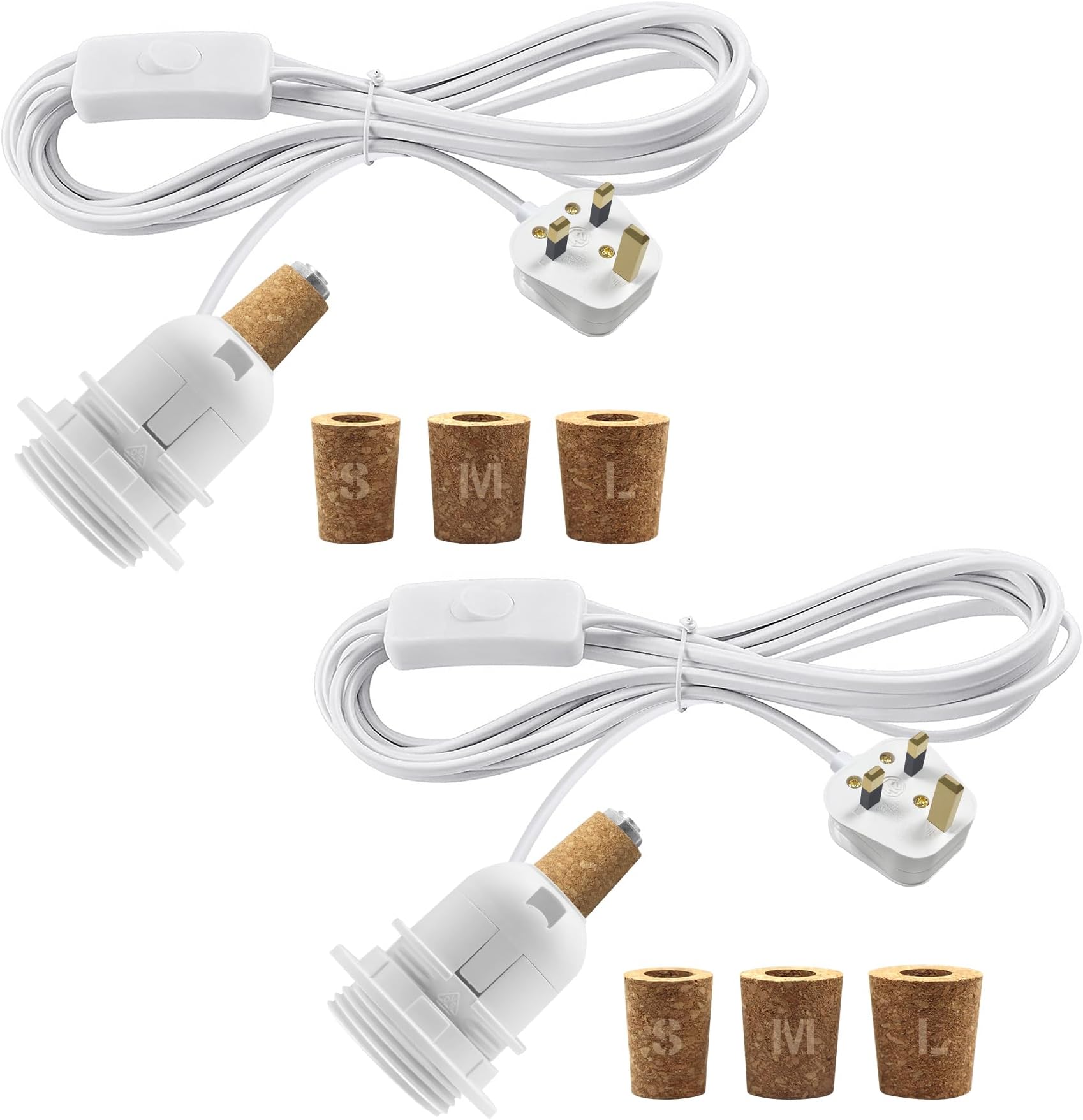 2 Packs Bottle Lamp Kit Do It Yourself, 240CM Cable, E27 Bottle Light Adaptor Kit, Bottle Light Fitting, Table Lamp Making Kits with 3 Sizes of Stoppers, Suitable for Various Bottles, White