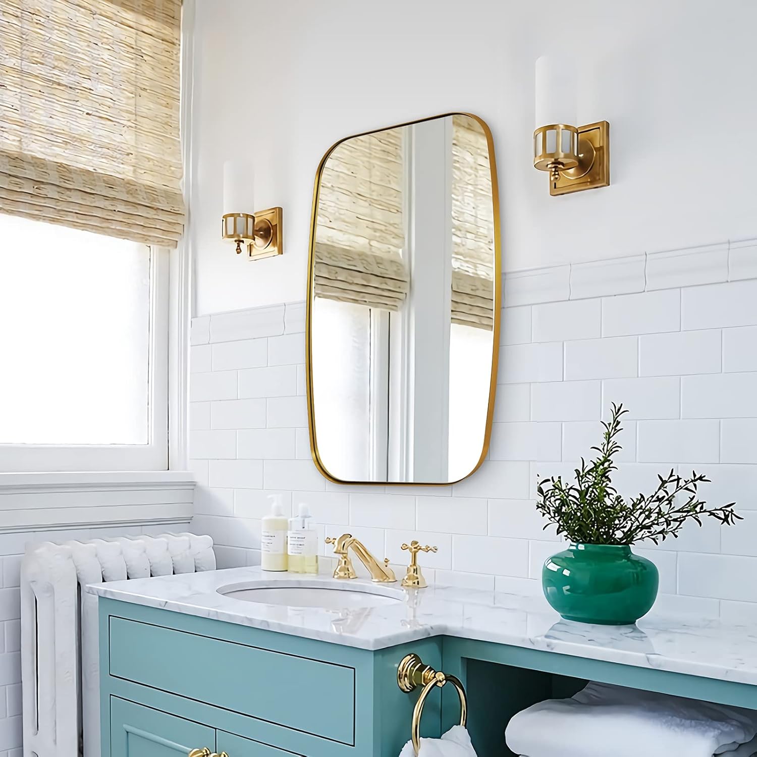ANDY STAR Gold Bathroom Mirror, ’’ Brushed Gold Vanity Mirror for Bathroom, Brushed Brass Oblong Stainless Steel Metal Frame Mirror for Over Sink