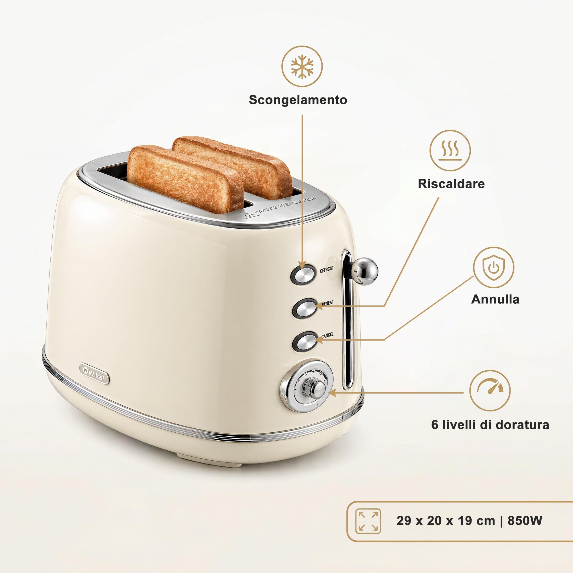 Wiltal Tostapane Retrò 2 Fette in Acciaio Inox – Tosta Pane Compatto con Scalda Pane, 6 Livelli, Funzione Scongelamento e Riscaldamento, Espulsione Automatica, Design Vintage Beige Elegante