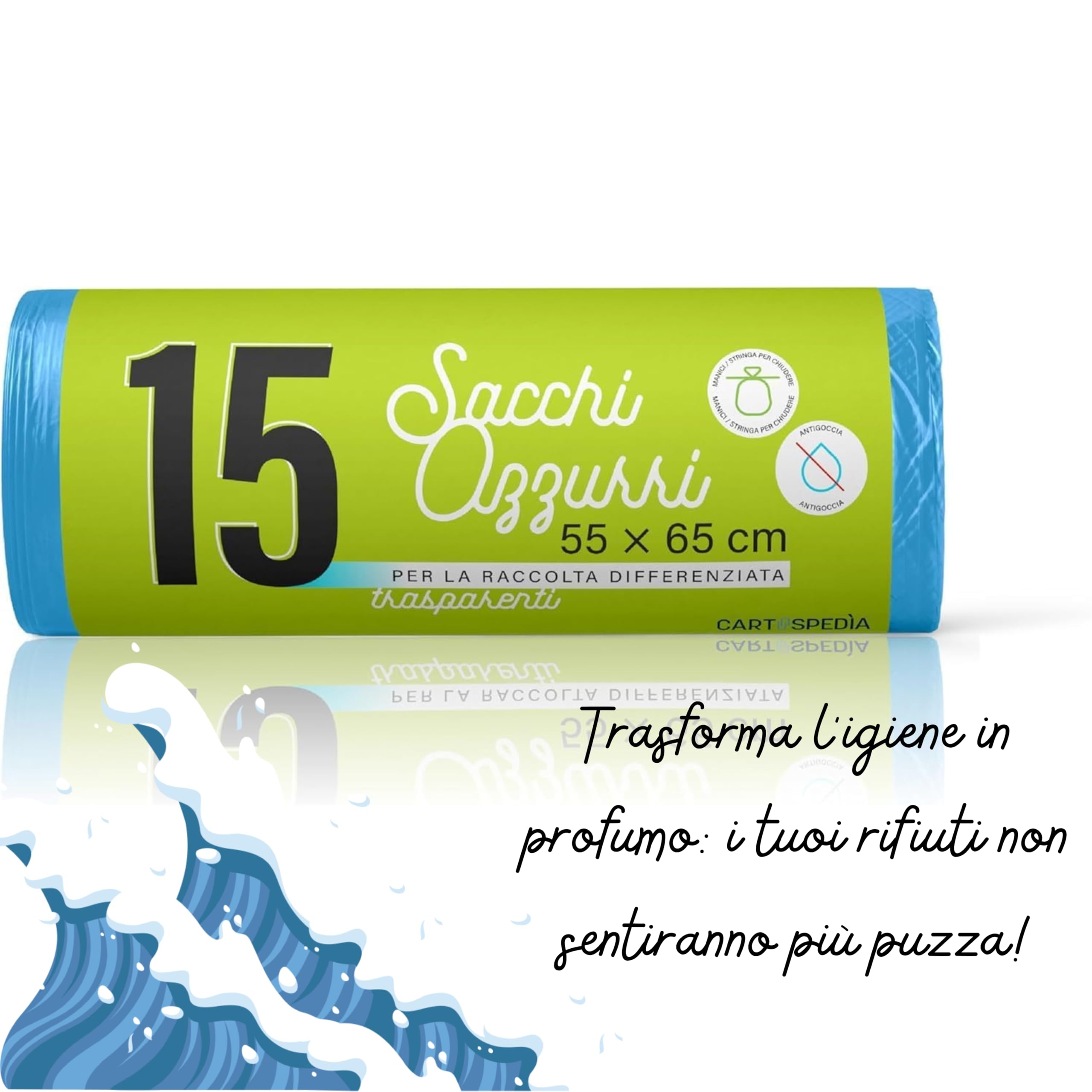 675 Sacchetti Spazzatura, Raccolta Differenziata, PROFUMO BREZZA MARINA, MISURA: 55x65 cm, Resistenti con Manici - Fondo Antigoccia, In Rotoli Salvaspazio, Ideali per La Roccolta Differenziata