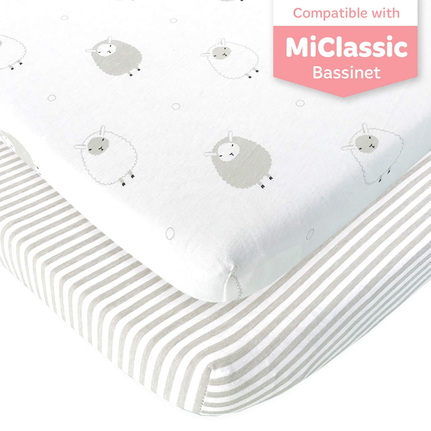 Joey + JoanBassinet Sheets for MiClassic 2in1 Stationary&Rock Bassinet | Heavenly Soft 100% Cotton Jersey Knit Fitted Bassinet Sheet Set 2 Pack
