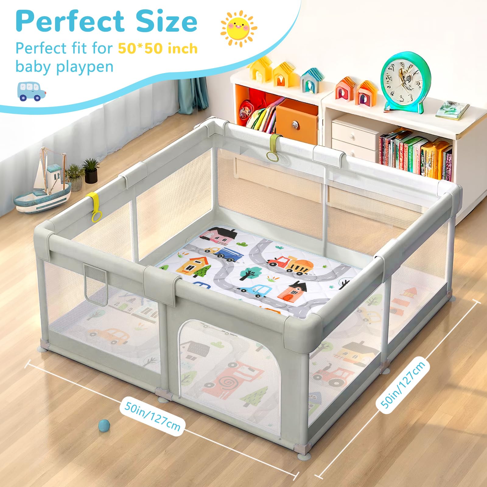 Baby Play Mat for Floor 127x127 cm,Thick Playmats for Babies Kids Toddler,Soft Non-Slip Mat for Crawling & Playing,Machine Washable Portable Playpen Mat Pad for Tummy Time,Town Car - Image 2