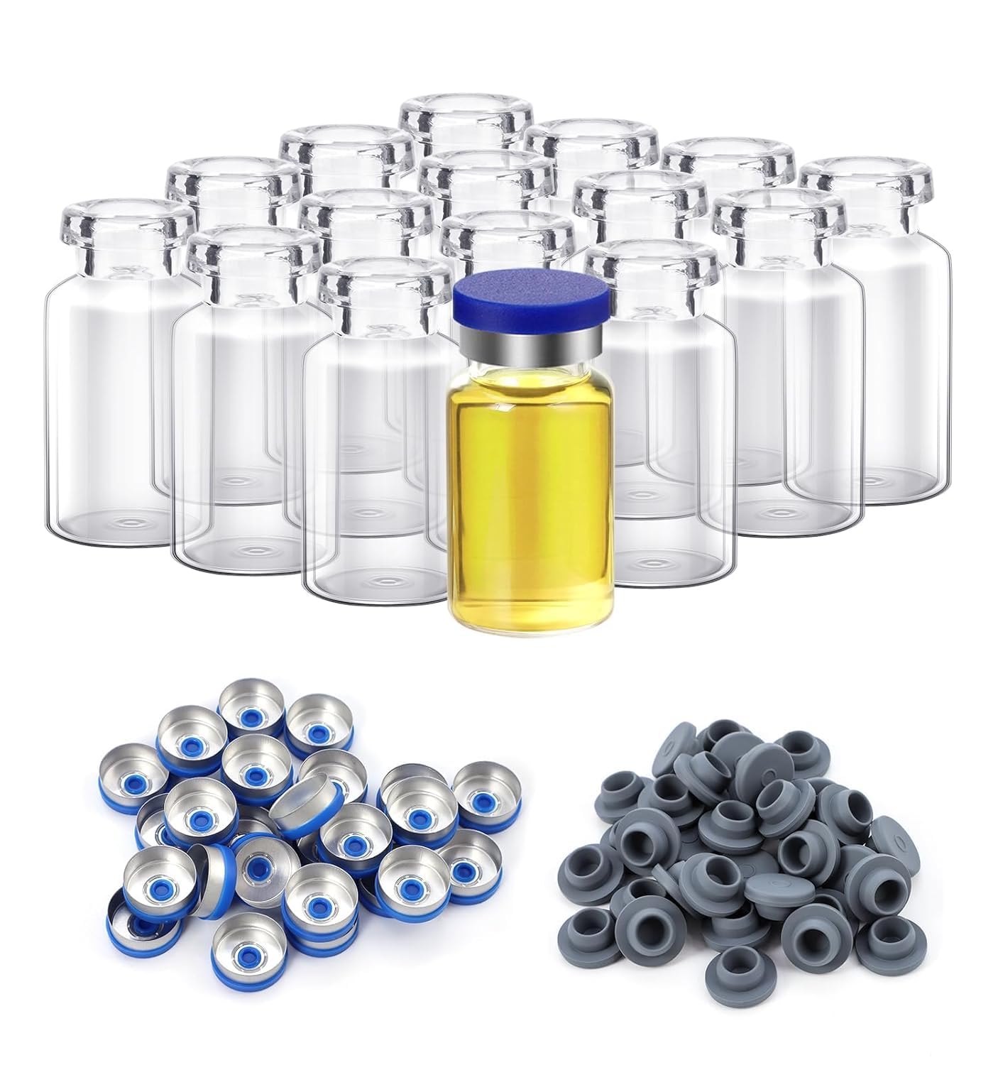 FOUR E'S SCIENTIFIC 10ml Glass Vials, 300 PCS Lab Headspace Vial with Rubber Stoppers and Plastic-Aluminum Flip Caps