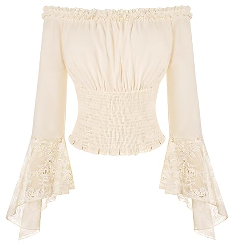 SCARLET DARKNESS Damen Renaissance Bluse Langarm mit Spitze Schulterfrei Tops Gesmokte Taille Oberteil - Aprikose - M