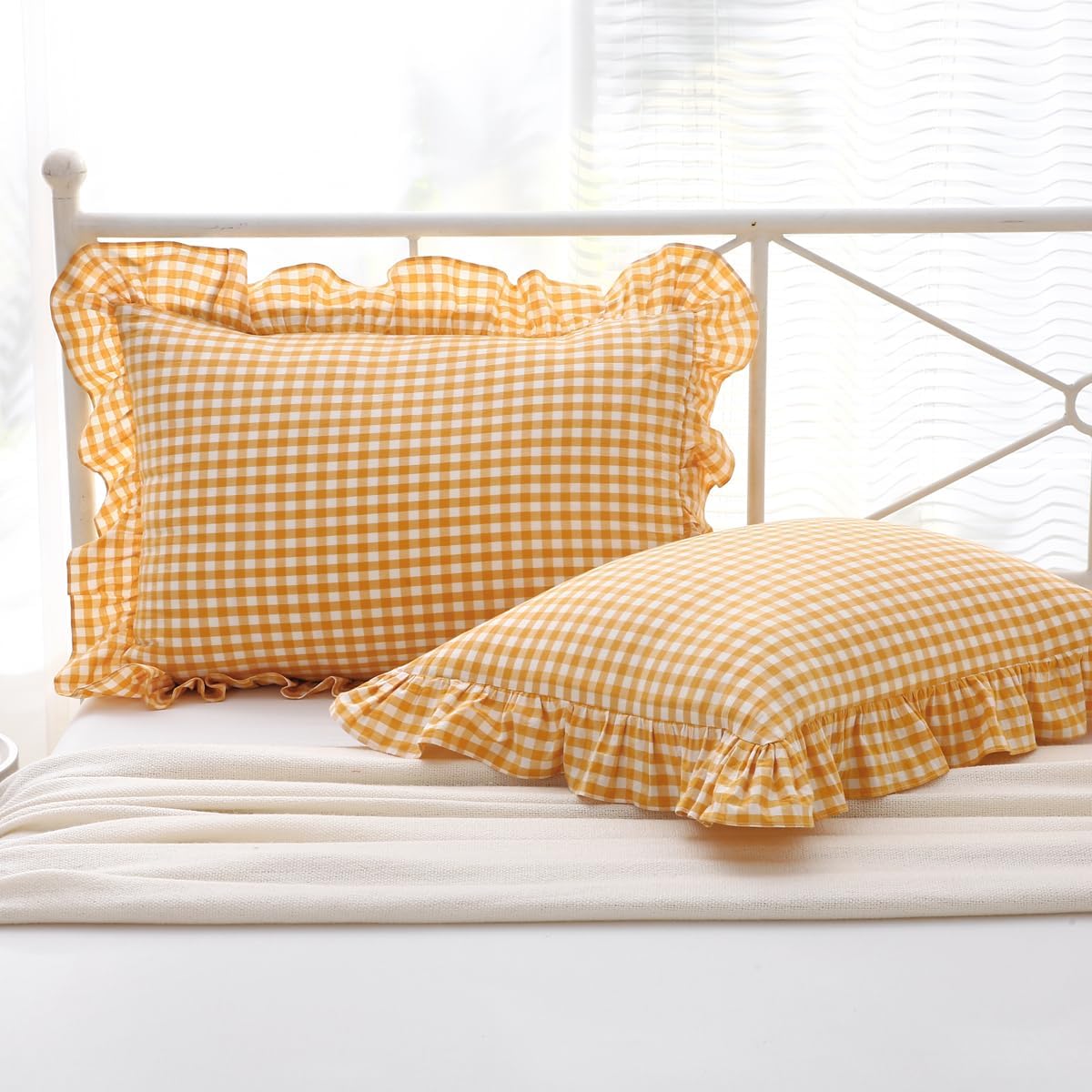 Mywinlle Yellow/White Plaid Ruffle Pillow Shams Queen Size Set of 2, Checkered Washed Cotton Mustard Gingham Pillow Covers Vintage Pillowcases 20"x30"