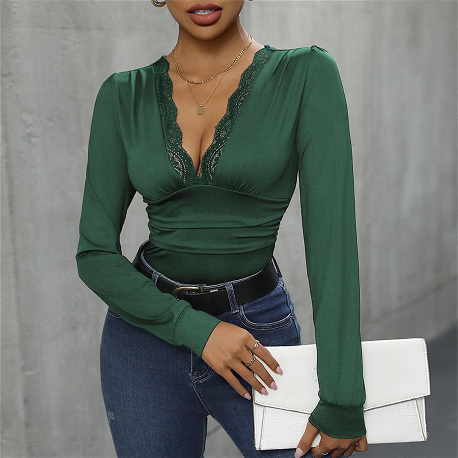 Daysskk Body da donna in pizzo a maniche lunghe con scollo a V sexy, Verde, XL