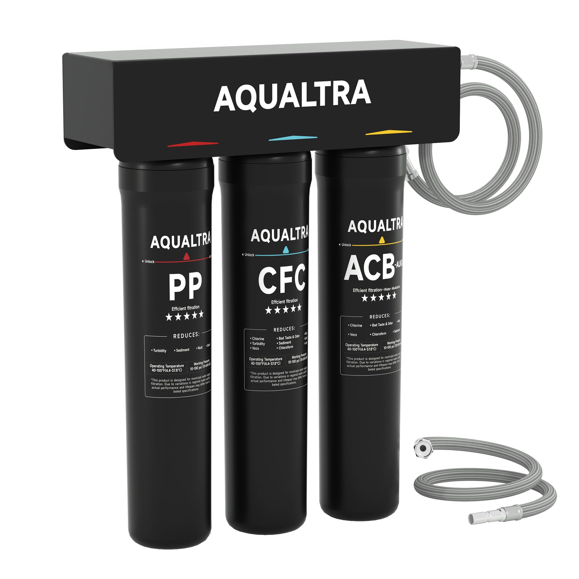 AQUALTRA USF-3B-15 Sistema de filtro bajo fregadero ligeramente alcalino, 30000–151000 L, reduce PFOA, PFOS, cloro, plomo, mercurio, cloramina, fluoruro, partículas de microplásticos, mal sabor y olor