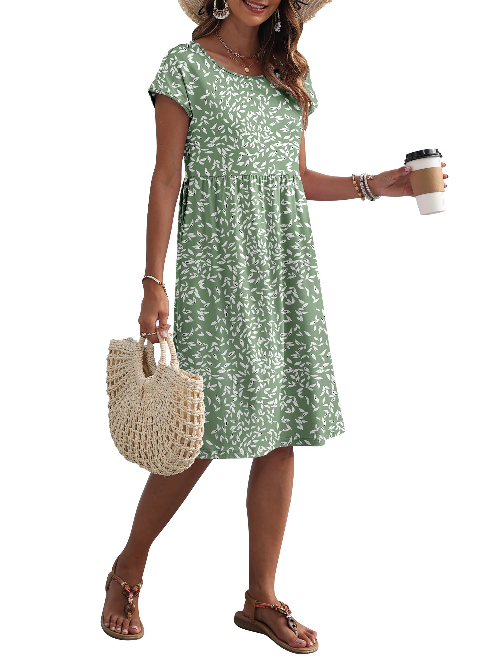 AUSELILY Vestito Estivo da Donna a Maniche Corte Abiti Casual Larghi Abito al Ginocchio con Scollo a Girocollo e Tasche