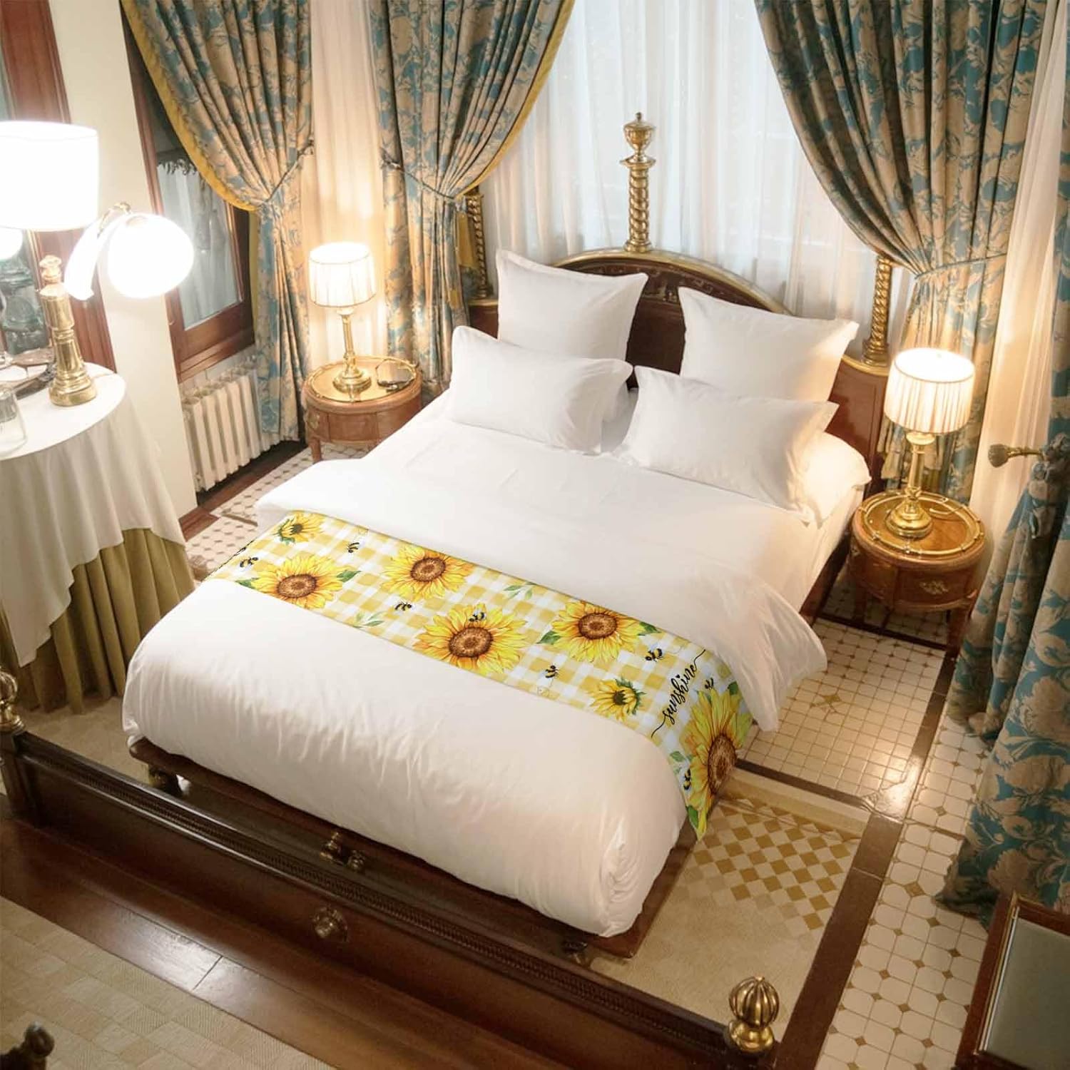 Sunflower Bed Runner for Full/ Queen Size Bed, Bedspread Protector Slipcover Bed Scarf for Foot Bed Runners & Scarves for Bedroom Hotel Wedding 83x20 Inches Spring Floral Summer Botanical Yellow Plaid