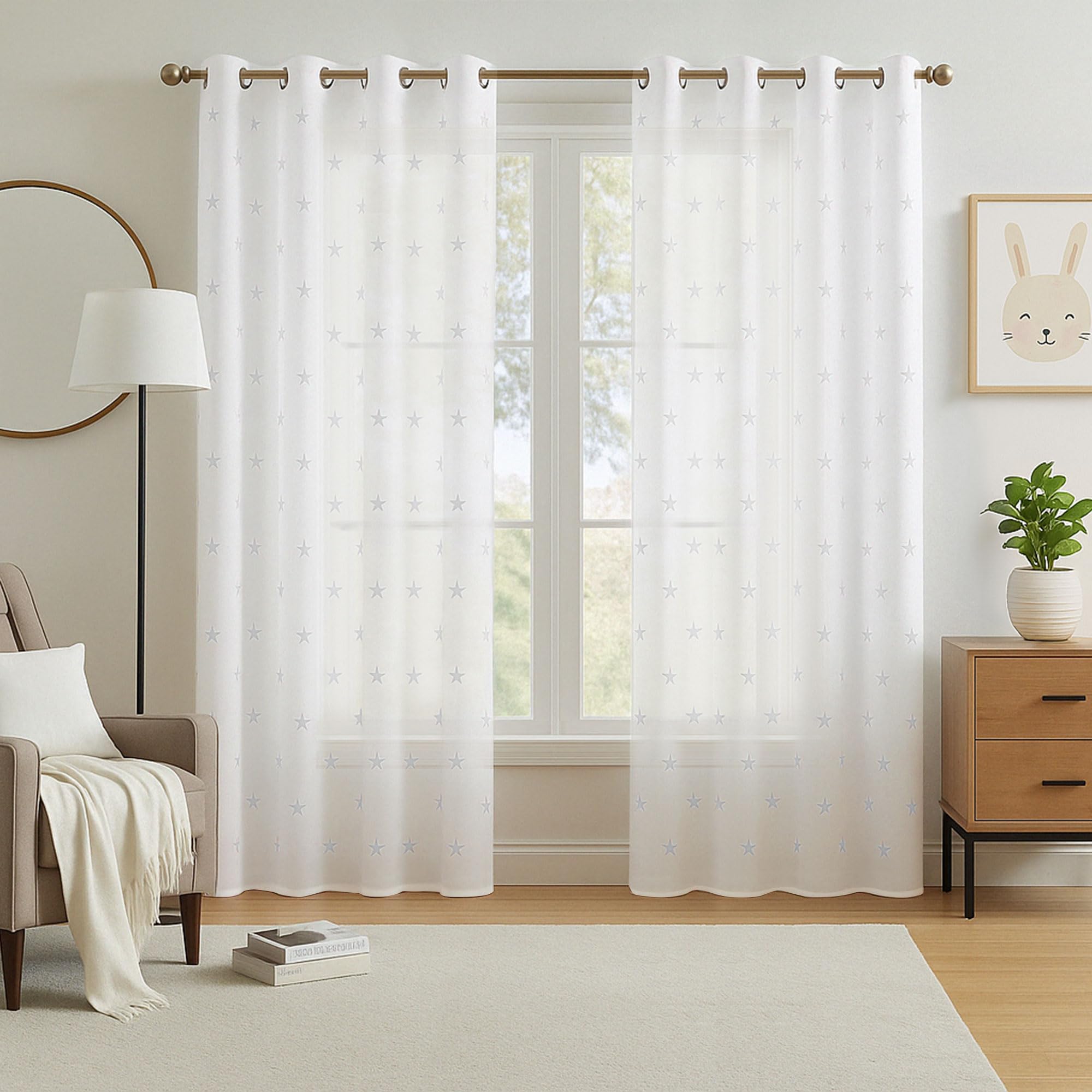 Deconovo Modern Living Room Curtains Embroidered Sheer Curtains for Bedroom Windows with Eyelets, 2 Pieces, 140 x 180 cm, Star White Global Recycled Standard Global Recycled Standard Global Recycled Standard