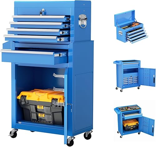 Miniatura 19 de Crownland Caja de herramientas con ruedas de 8 cajones con ruedas, armario de herramientas desmontable 2 en 1 con cerradura con cajones y Negro