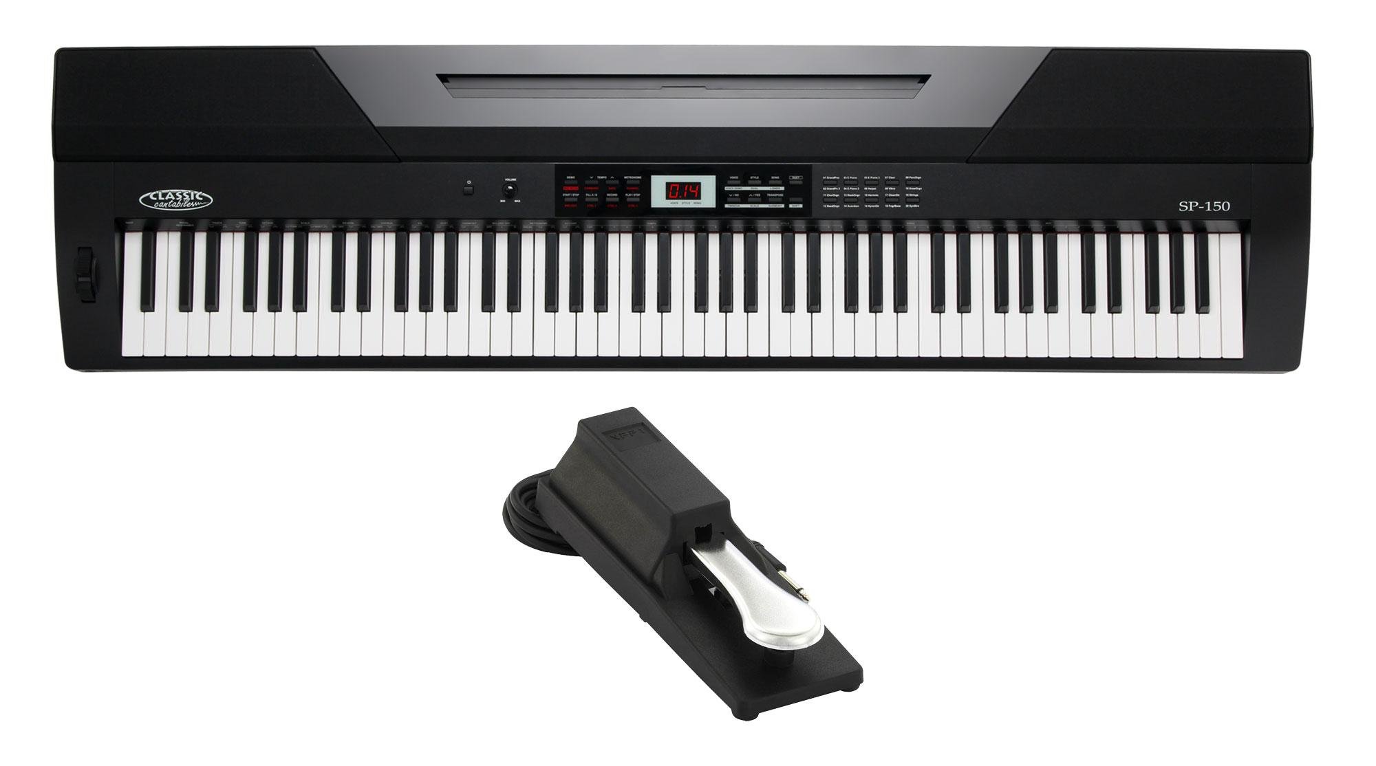 Classic Cantabile SP-150 BK Stagepiano schwarz Set inkl. Pedal, 20 Voices | 88 Soft-Touch Tasten mit Anschlagdynamik, Max. Polyphonie: 64 Stimmen, 60 Songs, 50 Styles, 2 Demo, Funktionen: Transpose