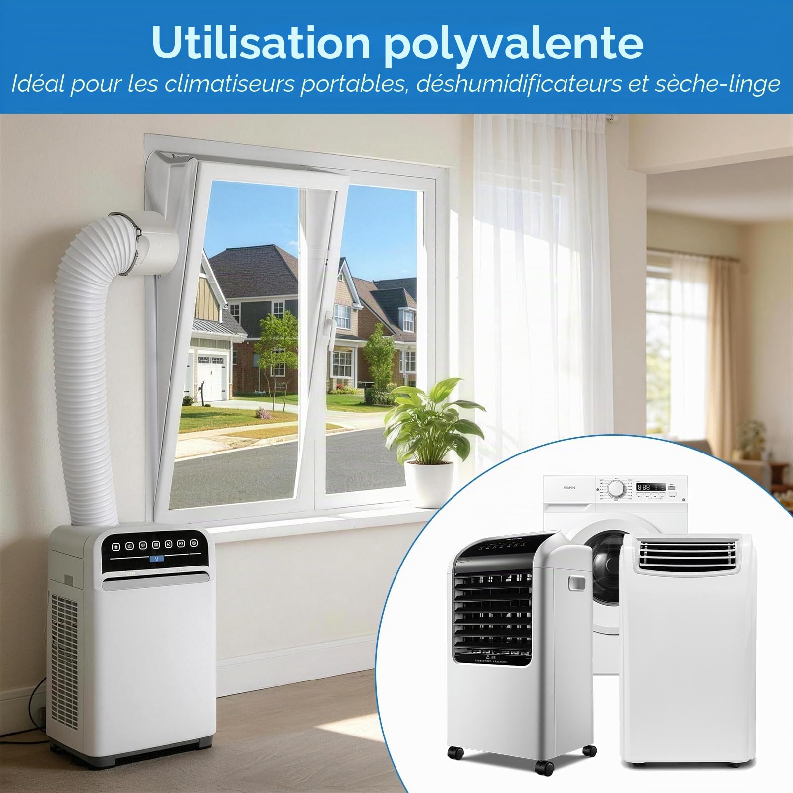 Kit Étanchéité pour Fenêtre 5M Qoosea, Climatiseur Mobile avec Bande Auto-Agrippante et Attaches, Sans Perçage pour Climatiseur Portable, Sortie Sèche-Linge, Fenêtres à Battant, Réutilisable