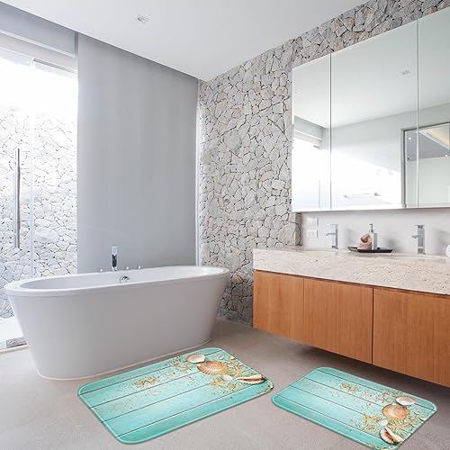 Miniatura 7 de Britimes Juego de 2 tapetes de baño con diseño de concha de playa, diseño de madera azul bohemio, cubierta lavable, tapetes para decoración de baño,