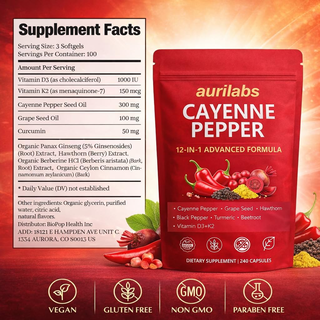 Aurilabs Cayenne Pepper softgels - Vitamin D3+K2 Complex, Circulation Support Formula with Capsaicin & Botanicals, Vegetarian, Non-GMO Softgels for Daily Wellness (2)