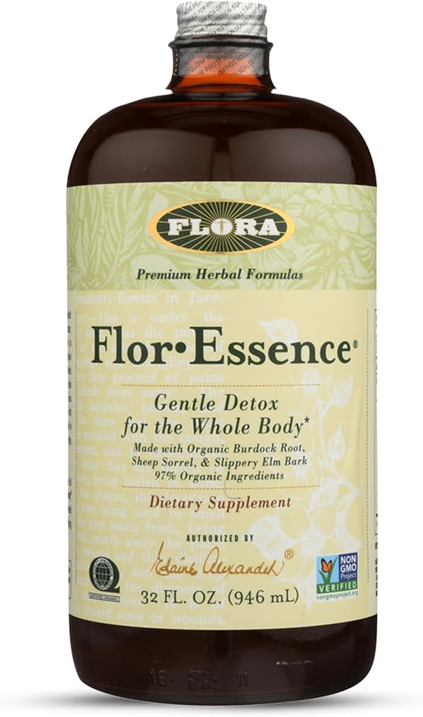 Flora Flor Essence Liquid Tea Blend 32oz LARGE - Gentle Detox Cleanse with Burdock Root, Slippery Elm, Kelp, Thistle - Premium Organic Ingredients