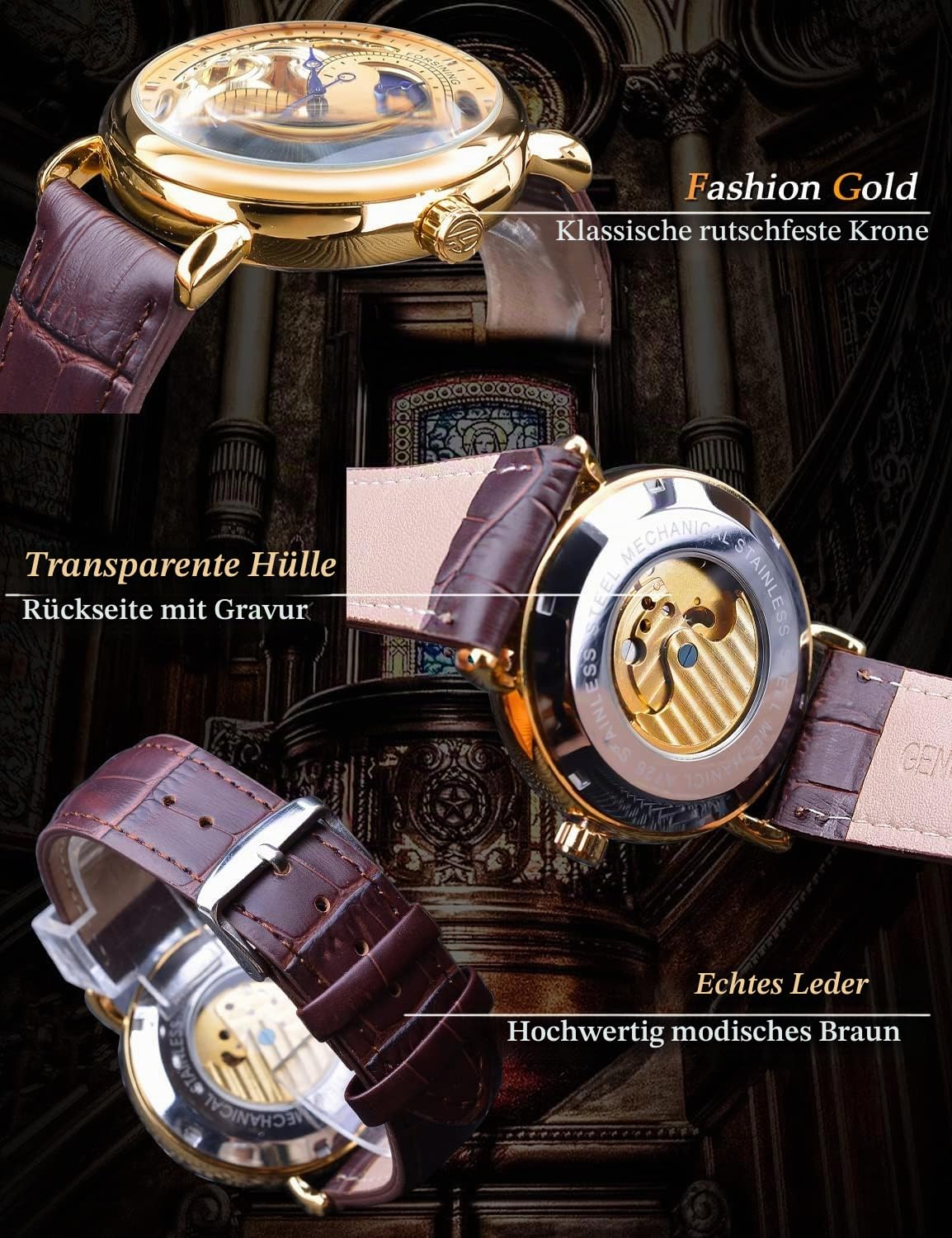 FORSINING Luxus-Herrenuhr mit Mondphase und Wirbel, Retro-Skelett, hohl, automatisches Aufziehen, Lederarmband, Automatikwerk