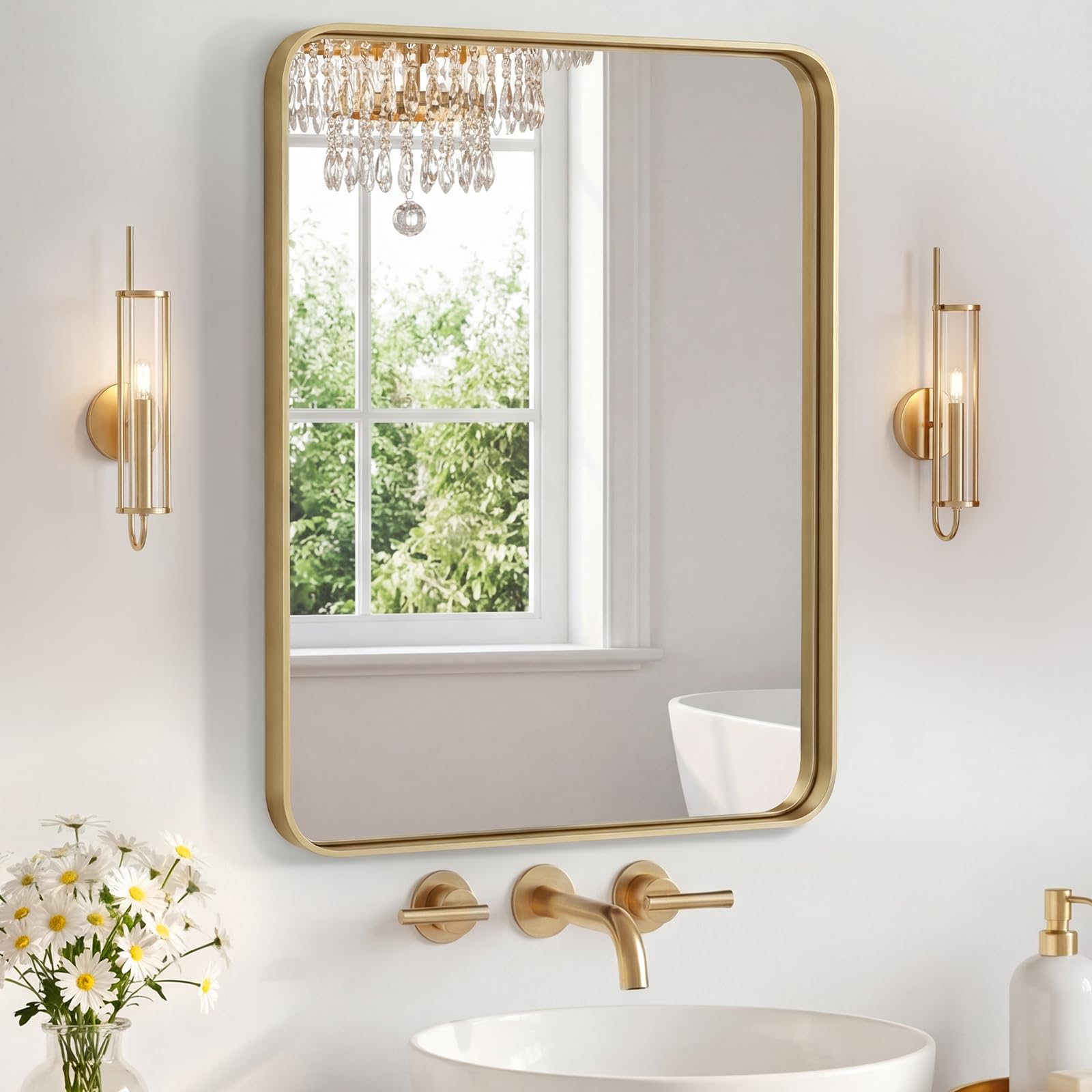 Sweetcrispy Bathroom Mirror 20x16 Inch Metal Framed Rounded Rectangle Vanity Mirror for Wall, Over Sink, Farmhouse, Restroom, Anti-Rust, Modern Decorative, Horizontal or Vertical Hanging, Gold