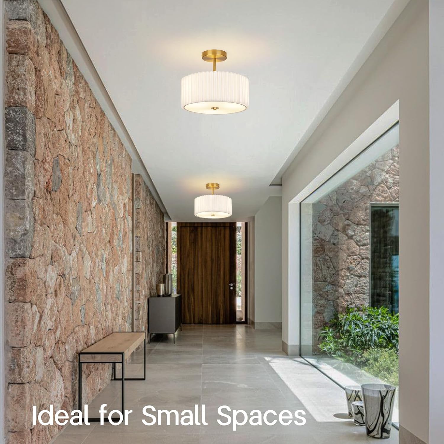 Modern Semi Flush Mount Ceiling Light with Pleated Fabric Shade, 12.5” Drum Gold Light Fixture with Lights, Warm White Linen Lamp for Bedroom, Living Room, Dining Room, Hallway, Kids Room