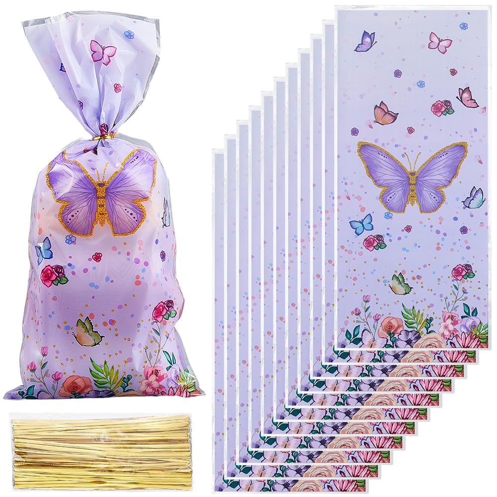 SOFPLATE 100Pcs 10.9 x 4.9 Inch Butterfly Plastic Bag Small Cellophane Pouches with Gold Ties OPP Cello Rectangle Food Wrap Treat Bags for Cookies Soap Candy Bakery Party Favor Gifts DIY Packaging