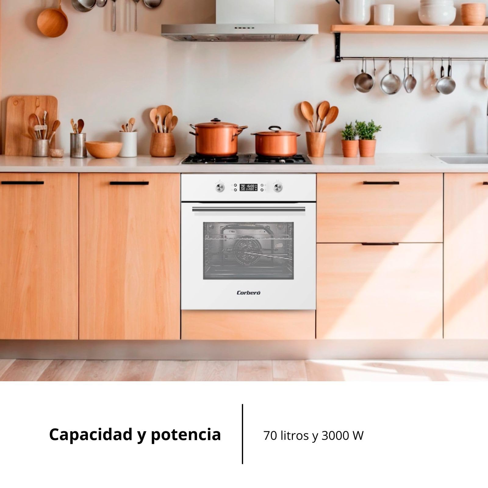 Corberó – Horno Multifunción Plus | CCHMD805W | 59x59x56 cm |70L | 8 Programas | Display Digital | Función Hidrólisis | 3000W | Doble Cristal | Guías Extraíbles | Cristal Blanco