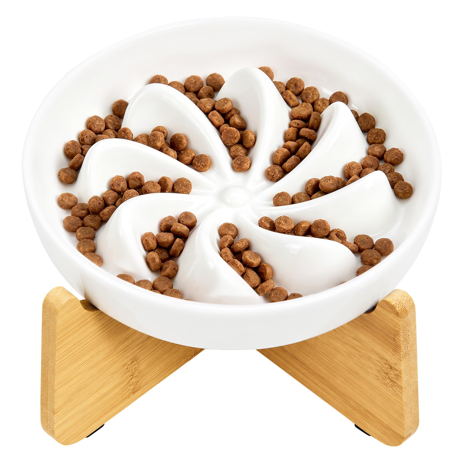 LOOBANI Ceramic Elevated Slow Feeder Cat Bowl with Bamboo Stand, White