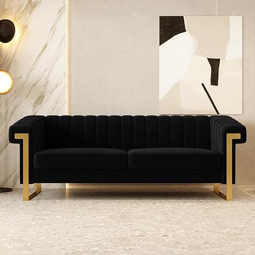 Sofá moderno de terciopelo negro Mid-Century con patas de metal dorado, 83.86 pulgadas, cómodos sofás Chesterfield de lujo para sala de estar