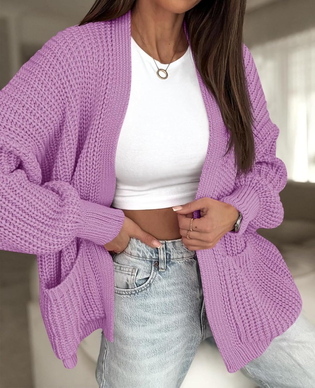 Saodimallsu Womens Oversized Cardigan Ribbed Chunky Knit Long Lantern Sleeve Open Front Fall Sweater Coats - Image 4