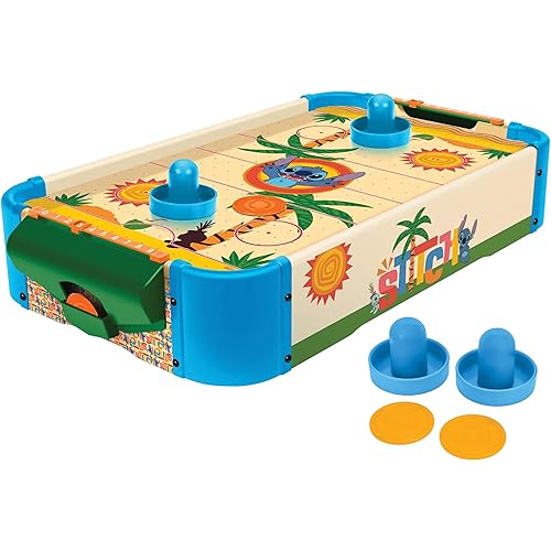 World Tech Toys Stitch Air Hockey Table for Kids - Wooden Tabletop Game with Puck, Pushers & Air Flow System - Disney Licensed - Kids 4+