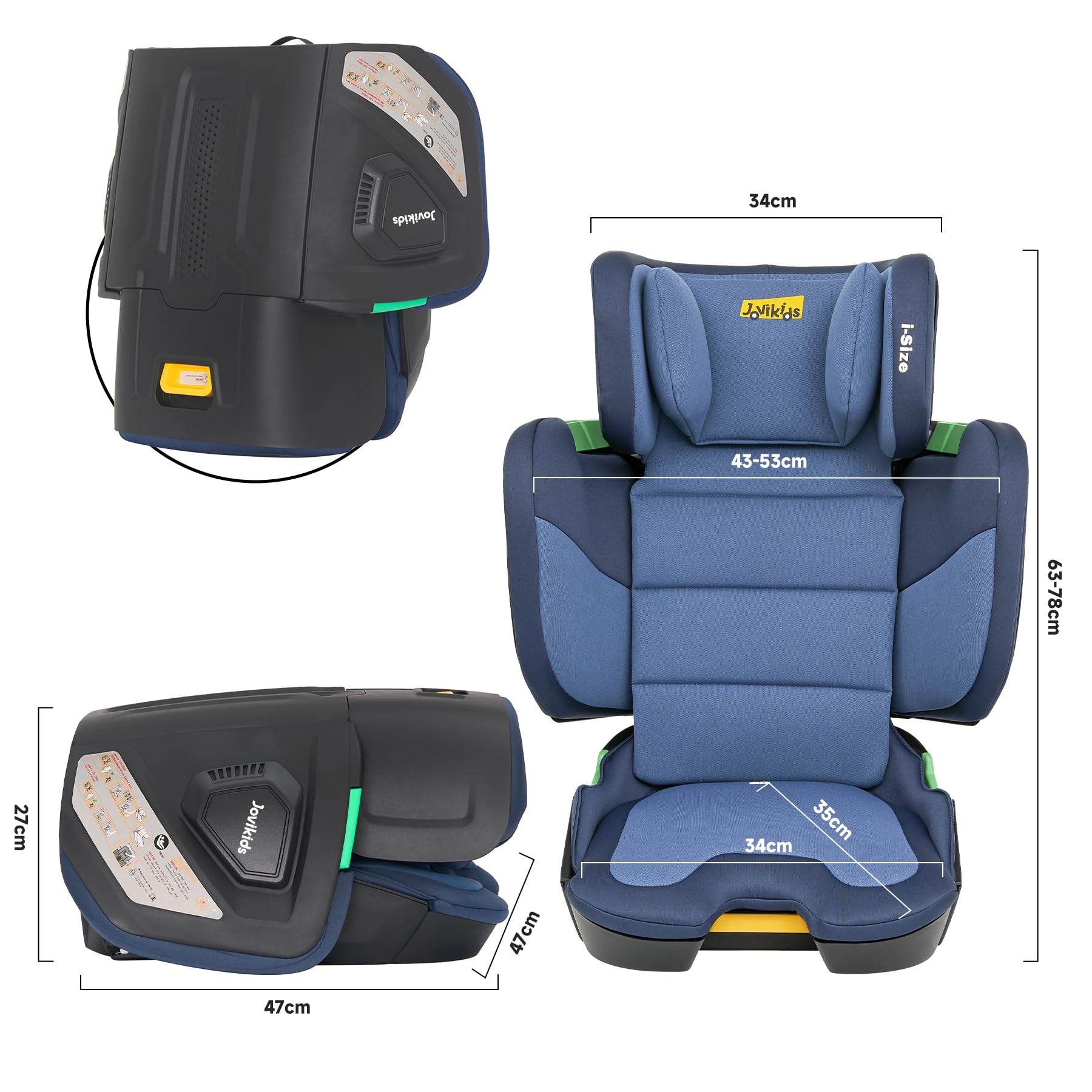 Jovikids Faltbar Kindersitz mit ISOFIX, i-Size R129 Kinderautositze ca. 3-12 Jahre (100-150cm), Kindersitzerhöhung mit Rückenlehne, Geeignet für Reisen (blau)