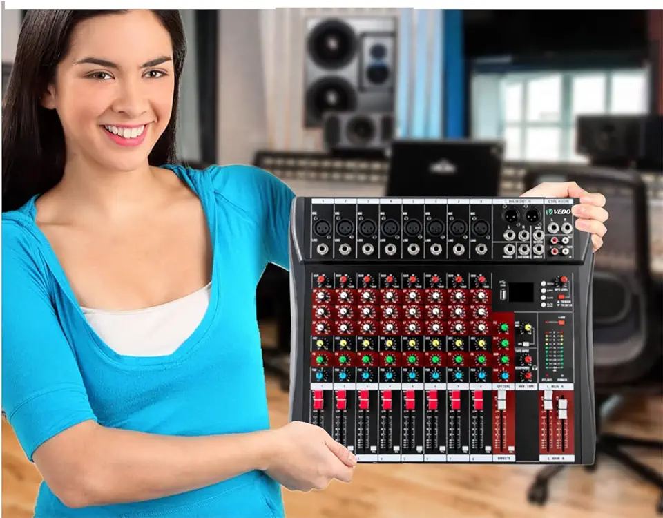 VEDO Mixer de Áudio Profissional 8 Canais com Bluetooth, USB e Fonte Fantasma 48V - Ideal para Shows, Podcasts e KTV em Casa - Portátil e Compatível com PC/Dispositivos Móveis