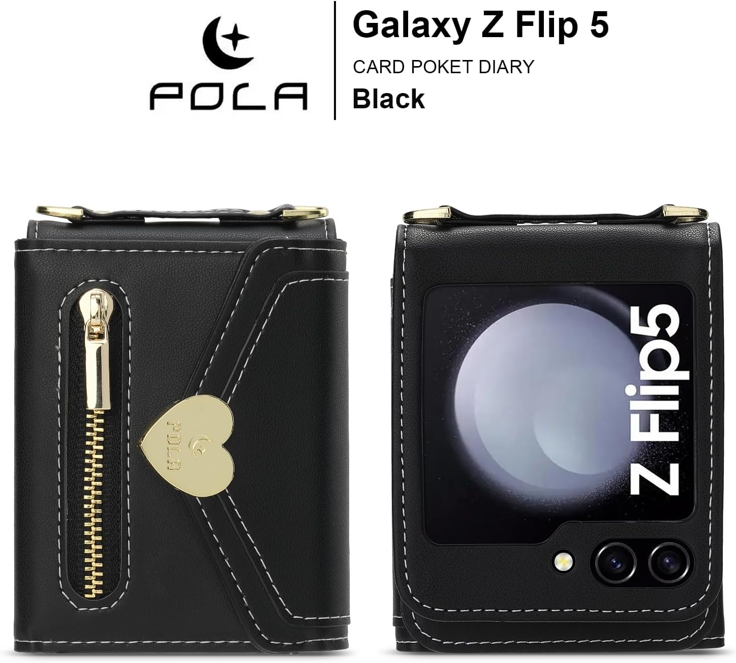 SZHAIYU Women Wallet Purse for Samsung Galaxy Z Flip 5 5G Case Crossbody with Credit Card Holder Strap Lanyard Kickstand Flip Leather Zipper (Black, Z Flip 5)