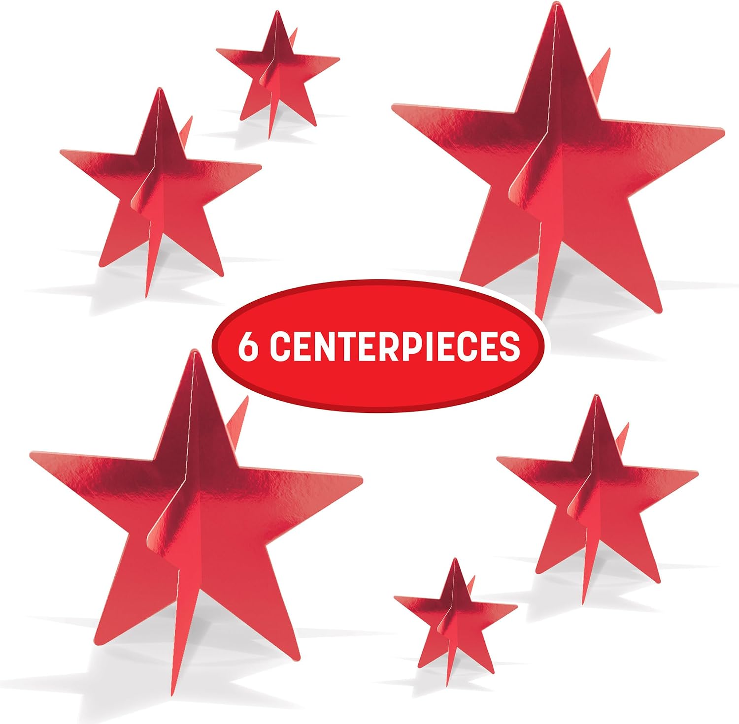 Beistle Red 3-D Foil Star Centerpieces – 6 Pack, Metallic Dimensional Table Décor, Freestanding Star Accents for Patriotic Events, New Year’s Eve, Birthdays, Banquets, Celebrations & Themed Displays
