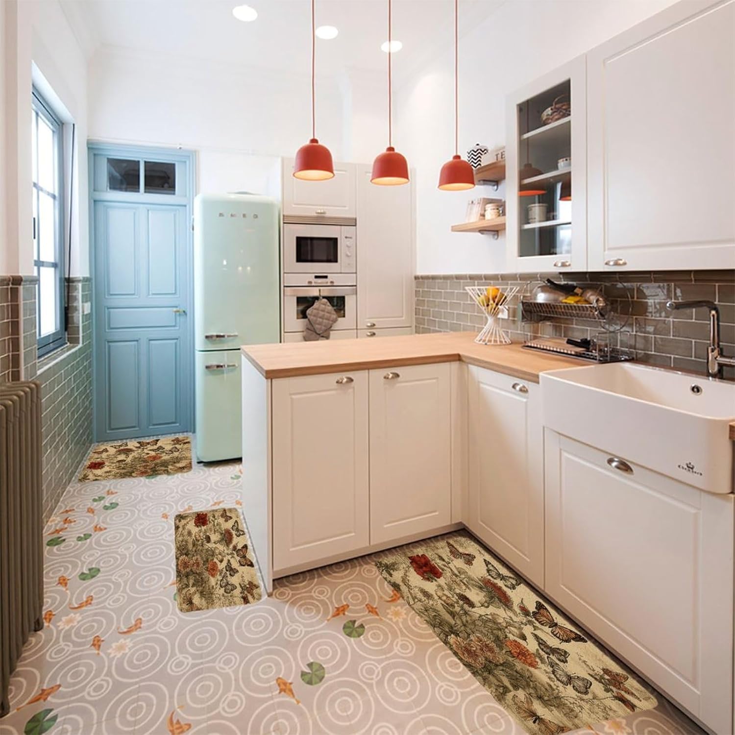 Wildflowers and Butterflies Kitchen Mats Soft Absorbent Rugs for Floor Non Slip Washable Kitchen Mats Fashion Rectangular Rugs for Three-Piece Set for Laundry Office Home Sink