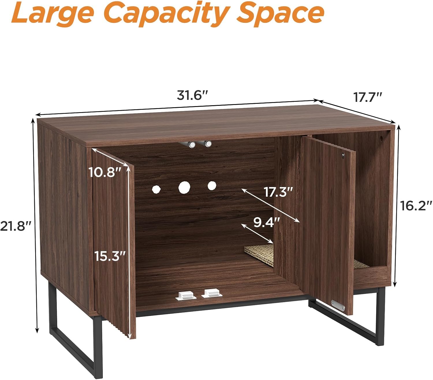 Cat Litter Box Enclosure, Fluted Hidden Litter Box Furniture with Scratch Pad and Metal Legs, Modern Enclosed Cat Cabinet, 31.5 x 17.7 x 21.7 Inches Indoor Pet House for Living Room, Washroom, Walnut