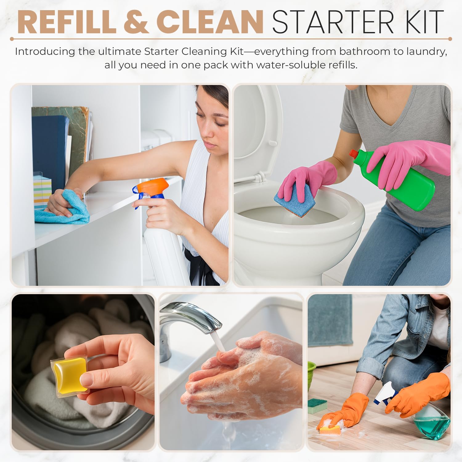 Starter Cleaning Kit I Multi Surface Cleaner I Bathroom Cleaner I Liquid Laundry Detergent I Hand Foaming Soap I Floor Cleaner I Three Free Bottles