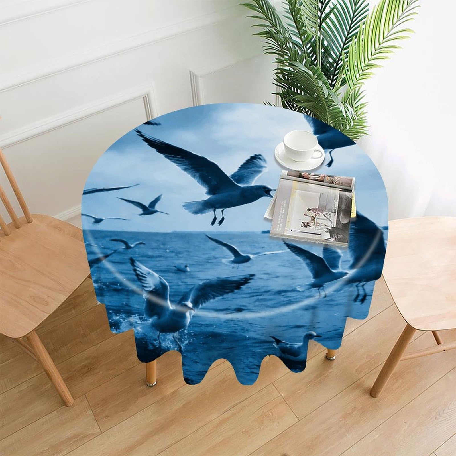 LZQPOEAS Flocks of Seagulls Follow The Wind. Tablecloth Easy to Clean Polyester Round Table Cover Washable Round Table Cloth Wrinkle-Free Circle Decoration Tablecloth for Kitchen and Dining Room 60"