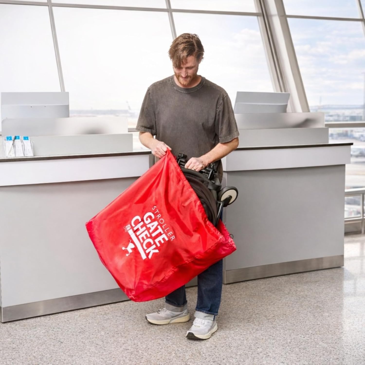 J.L. Childress Gate Check Travel Bag for Compact-Fold Strollers - For Airplane Gate Check, Fits Most Single, Compact Fold Travel Strollers, Airport Accessories, Flying Essentials - Red