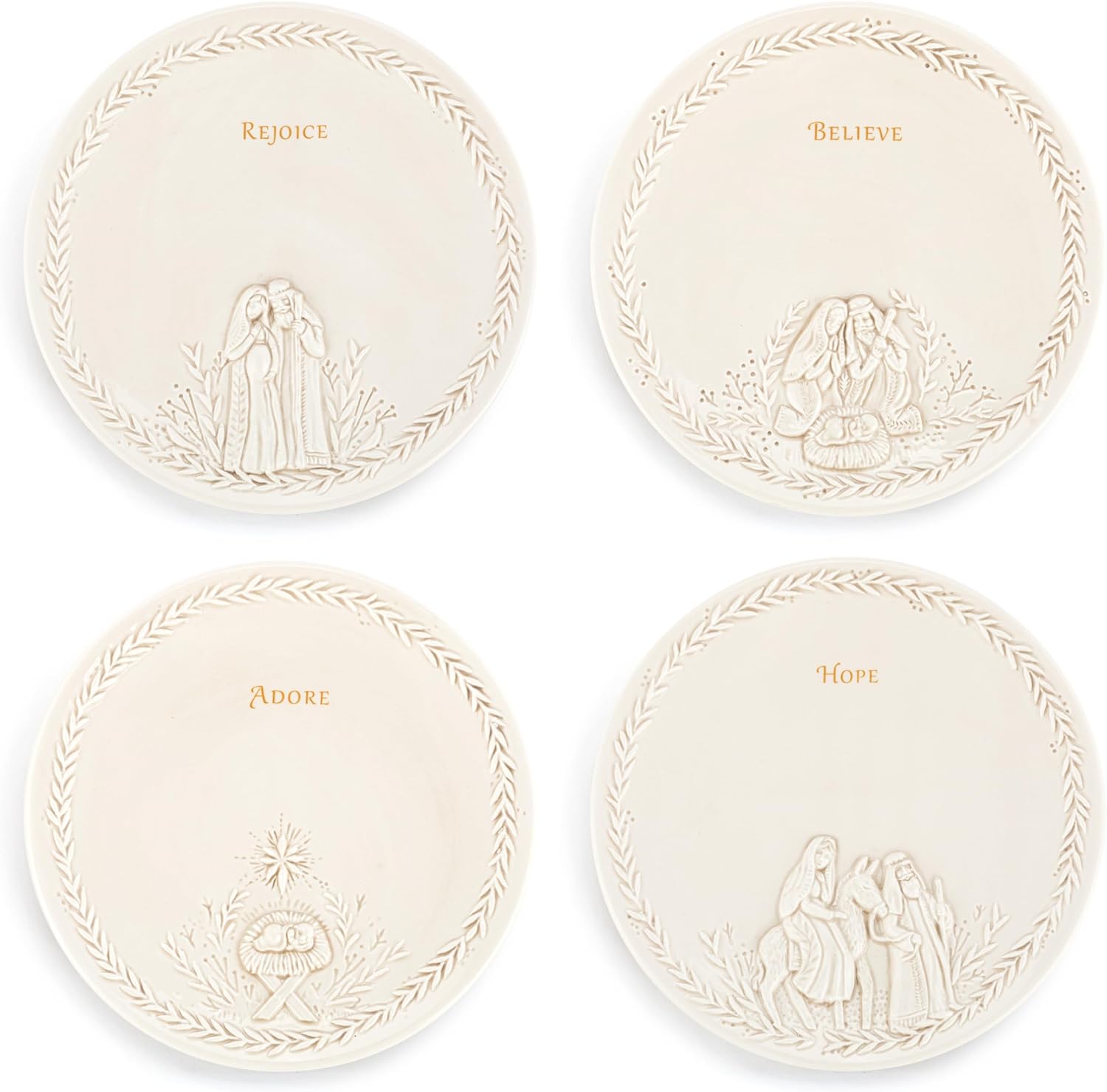 DEMDACO Christmas Journey Nativity Scene White 7.5 Inch Diameter Earthenware Faith, Religious, Decorative Holiday Tabletop Décor, Serving, Entertaining, Round, Appetizer Plates, Set of 4, Nativity