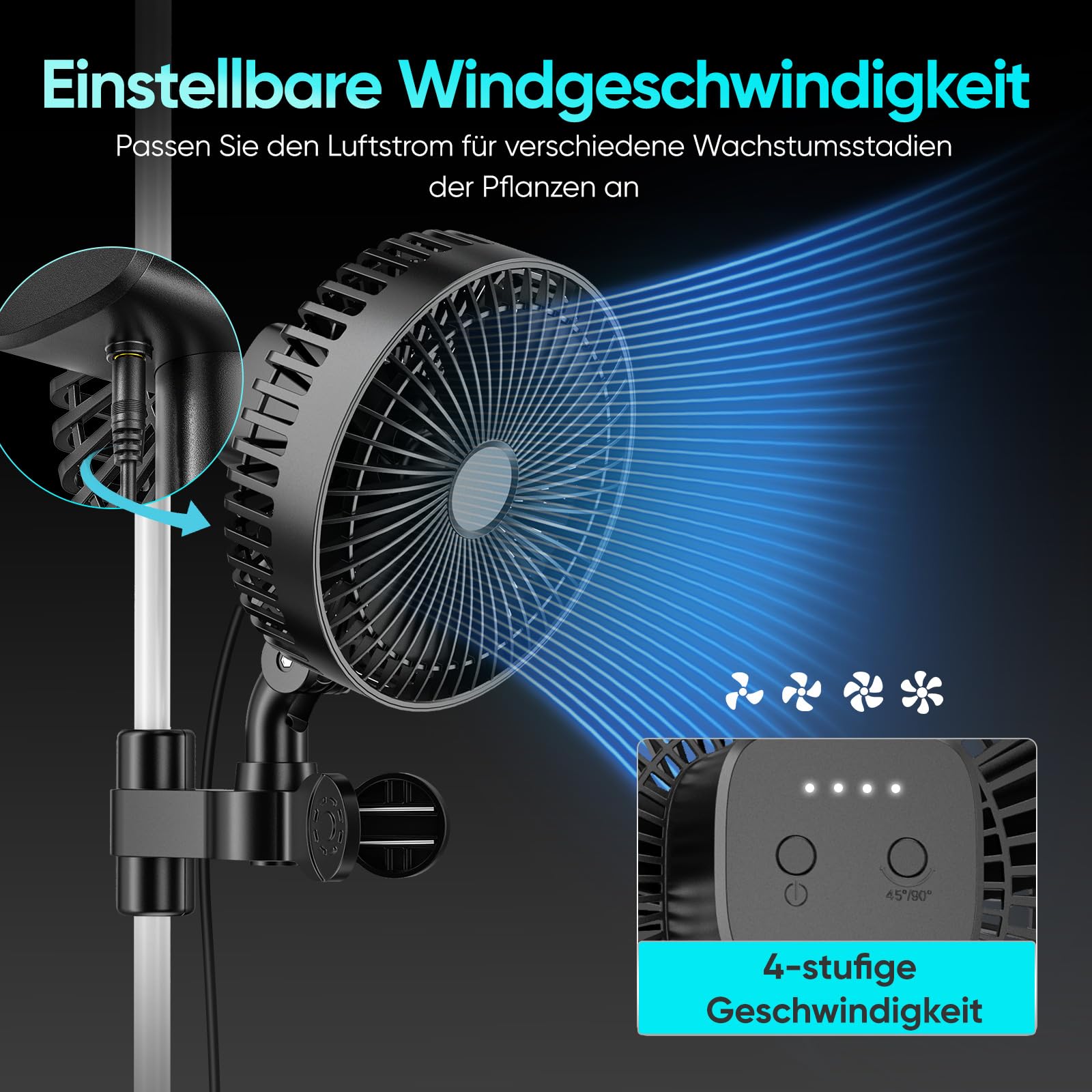 Ventilatore a 4 livelli da 10 W con clip: oscillazione automatica a 45° e inclinazione a 90°, 2200 giri/min, max 32DBA silenziosa con clip per Growbox con durata di 50.000 ore, ventola di serraggio
