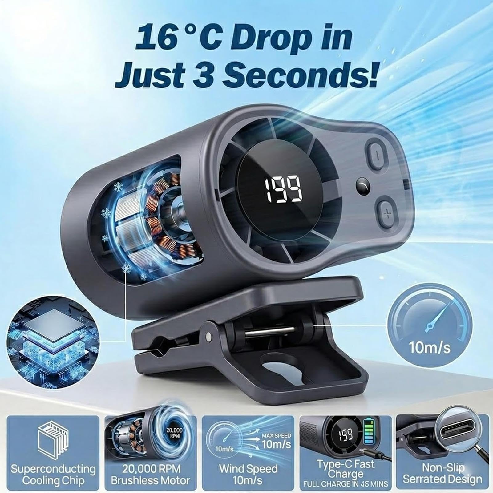 Auto-Clip-Lüfter, tragbares Kühlgerät, 12 V, geräuscharmer Luftzirkulator mit LED-Anzeige, verstellbare Klemmhalterung, Fahrzeugventilator, Kühl-Design-Einheit, Reisen, Camping, Roadtrip